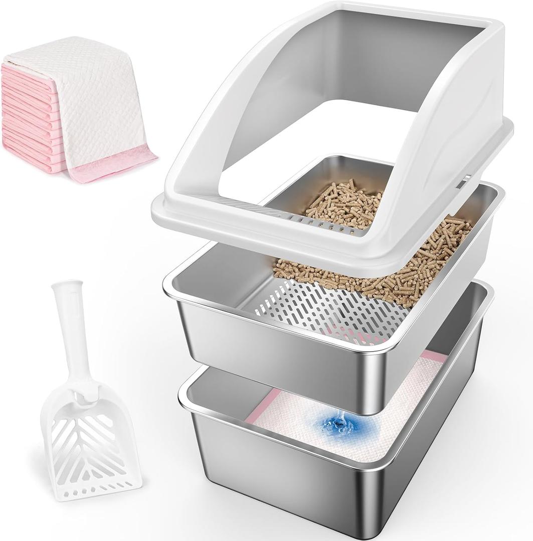 Stainless Steel Litter Box for Pine Pellet Cat Litter Non Clumping Litter System | XXL Sifting Cat Litter Box with Lid for Big Cats | High Sided, Anti-Urine Leakage | Non-Stick Bottom (Silver Gray)