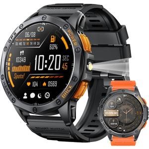 Military Smart Watches Built-in GPS, 170+ Sport Modes for Men with Flashlight, Smartwatch for Android Phones and iPhone, 1.43" AMOLED Screen Bluetooth Call Compass Altimeter (Black & Orange (2 Bands))