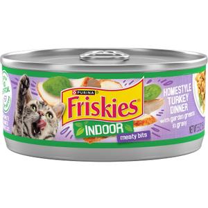 2 x Purina Friskies Indoor Cat Food Meaty Bits Homestyle Turkey Dinner With Garden Greens in Gravy - (Pack of 24) 5.5 oz. Cans BBD: 03-2028