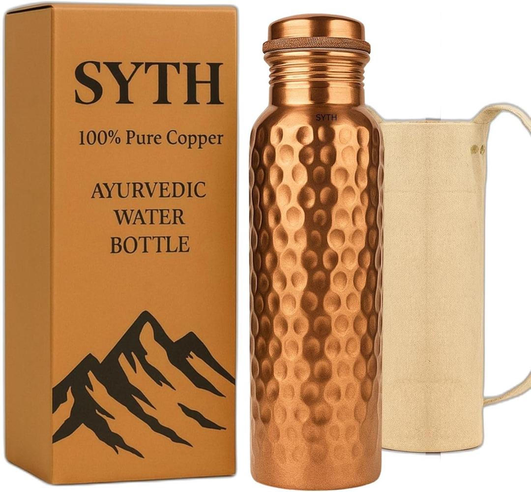 SYTH 100% Pure Copper Water Bottle With carrying Canvas Bag|Lab-Tested|34 OZ Leakproof, Handcrafted Ayurvedic Copper Vessel for Health, Pure copper water bottle for drinking (Copper Bottle With bag)