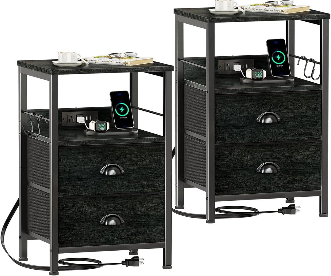 Furologee Nightstand Set of 2, Black Oak, with Charging Station and USB Ports, Side Tables with 2 Fabric Drawers, Bedside Tables with Storage Shelf & Hooks, for Living Room/Bedroom (2 pc(11"D x 14.96"W x 23.6"H))