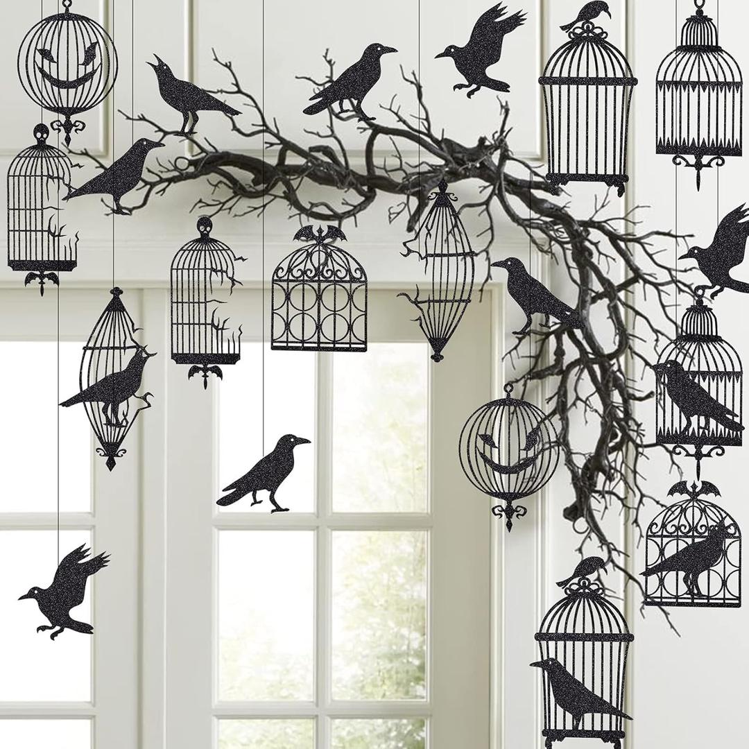 Cheerland Gothic Crow Decoration Black Cage Garland for Black Crow Decoration Gothic Christmas Birthday Party Hanging Indoor Raven Glitter Haunted Mansion Decor Garland Birthday Halloween Supplies