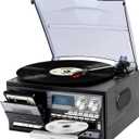 Vintage Record Player 9-in-1 Turntable with Built-in Speakers, AM/FM Radio, CD & Cassette Player, Bluetooth USB/SD Playback, Remote Control, Aux & RCA Inputs, Headphone Jack for Music Fans (Grey)