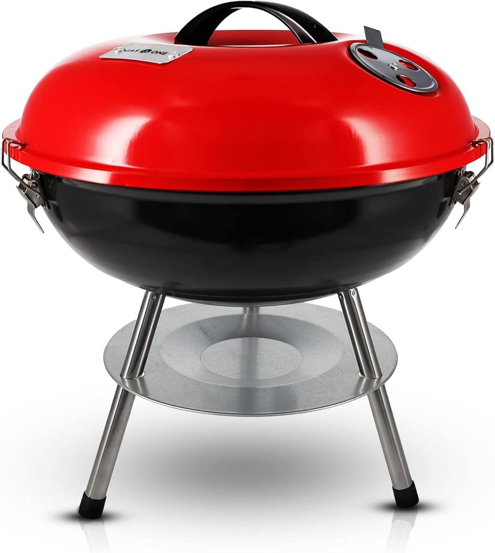 GasOne 14-inch Portable Charcoal Barbecue Grill with Thermometer – Red | 3-Point Locking Lid for Heat Preservation – Dual Venting System – Small Charcoal Grill for Backyard, Camping, Boat