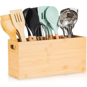 Extra Large Bamboo Utensil Holder with 4 Compartments, Large Wooden Utensil Holder for Kitchen Counter