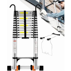 Telescoping Ladder&Ladder Stabilizer, 17.5 FT Aluminum Portable Extension Ladder w/Hooks, Stabilizers& Wheels, Heavy Duty 330lbs Max Capacity -Silver