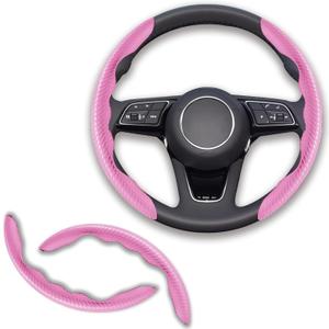 2pcs Universal Fit Carbon Fiber Steering Wheel Cover, Anti-Skid Steering Wheel Cover/Segmented Steering Wheel Protector/Car Interior Accessories (Pink)