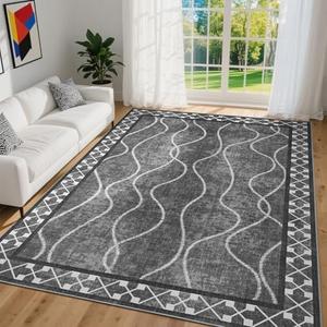 DweIke Washable Area Rugs for Living Room, 4x6 Soft Non-Slip Modern Bordered Bedroom Rug and Stain Resistant Throw Carpet for Office Classroom Dining Room Kitchen Dorm Home Decor, Black Grey