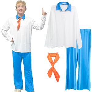 Halloween Costume for Men Shirt and Pants Set with Orange Scarf Classic Movie Outfits Cosplay (X-Large, White Blue)