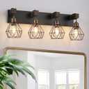 Gold Bathroom Vanity Light Fixtures, 4-Light Wood Bathroom Light Fixtures Over Mirror, Rustic Sconces Wall Lighting with Elegant Metal Lampshade for Living Room, Bedroom, Hallway