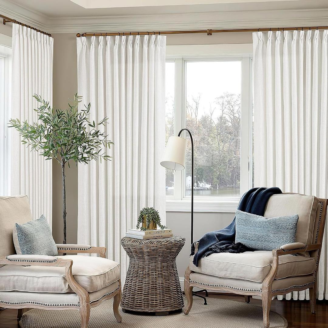 TWODRAPES Ivory White Pinch Pleated Extra Wide Linen Curtains 84 Inches Long for Patio Sliding Glass Door 70 Inch Wide Pleated Drapes with Hooks Rings Semi Sheer 70x84 Curtain for Living Room 1 Panel