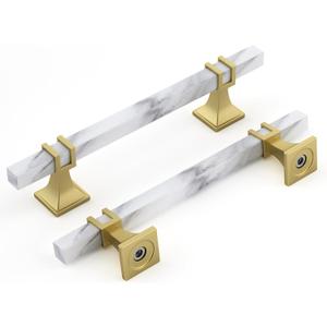 Rergy Cabinet Handles Marble Drawer Pulls and Knobs, 10Pack White Marble & Matte Gold &Square 5inch Hole Center, T-Bar Hardware for Kitchen Dresser Zinc Alloy Furniture