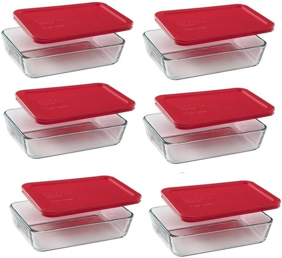 Pyrex (3) 7210 3-Cup Glass Food Storage Dishes & (3) 7210-PC Red Plastic Food Storage Lids (3 cup, Box of 6 Containers)