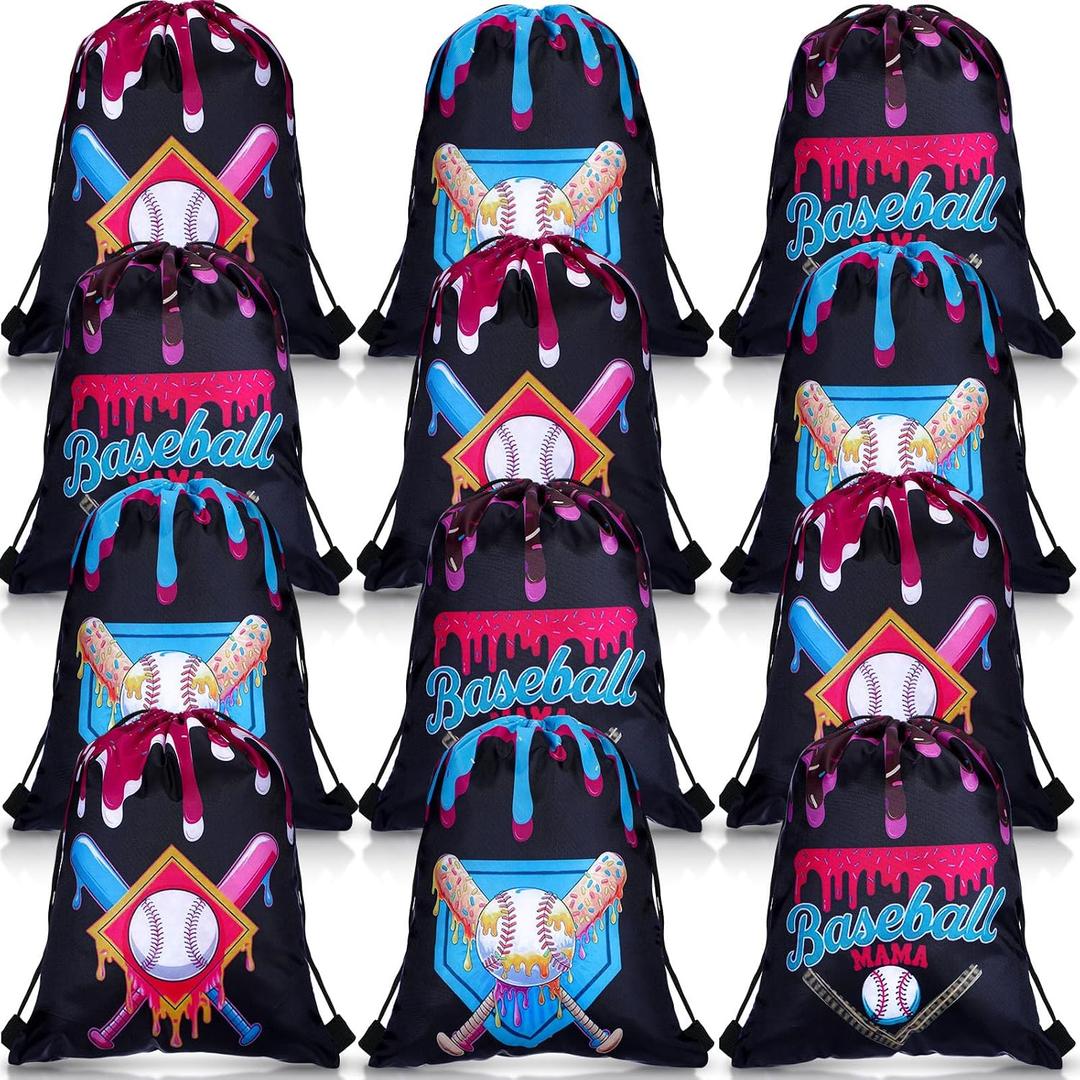 Sunnymove 12 Pcs Colorful Ice Cream Drip Baseball Drawstring Bag for Sport Party Favors Black Ice Cream Baseball Gifts Bag Candy Treat Sackpack Goodie Favor for Sport Teams Birthday Party Supplies