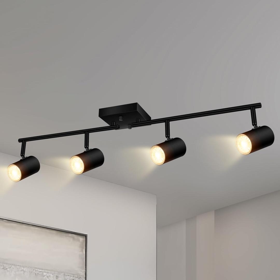 BoostArea 4-Light Track Lighting Kit, Modern Track Lighting Fixtures Ceiling, Rotatable Light Heads, Flush Mount Ceiling Spotlight, Black Track Lighting for Living Room/Bedroom, GU10 Bulb Not Included