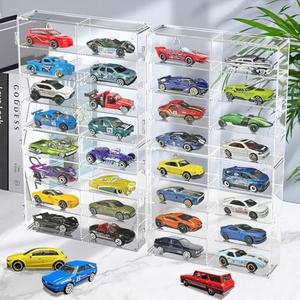 CHONOVO 1/64 Scale Toy Cars Display Case for Matchbox Hot Wheels Hold 32 Toy Cars Storage Case Organizer Box Wall Display Clear Model Car Case Holder Container Shelf 6.5 X 7.5 X 1.6 Inch 4 Pack