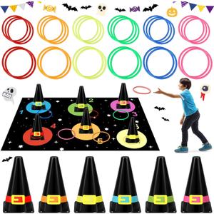 Leitee 46 Pcs Christmas Ring Toss Game Santa Hat Ring Toss Carnival Games for Adults 6 Plastic Cones 30 Rings 1 Cloth Mat 6 Plush Balls 2 Plush Strips and Glue for Christmas Party (Colored)
