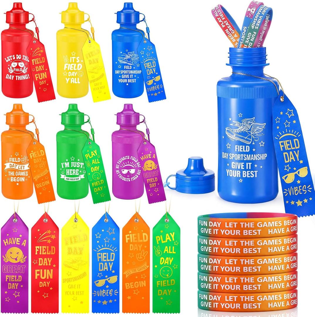 Sieral 18 Pcs/ 6 Set Field Day Assortment Accessories Field Day Essentials Items Sportsmanship Kit Bulk Award Wristbands Ribbon Sport Water Bottle for Outdoor School Sport Game Date Competition Supply