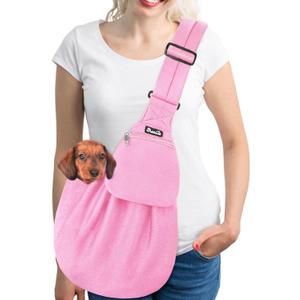SlowTon Dog Carrier Sling - Thick Padded Shoulder Strap Adjustable Dog Carriers for Small Dogs, Puppy Carrier Purse for Pet Cat with Front Zipper Pocket Safety Belt Machine Washable (PI, L), G-Pink Knitted Fabric