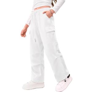 Girls Y2K Baggy Cargo Pants Adjustable Cuffs Parachute Joggers with Pockets for School Sport Street Dance, 10 Years, Pure White