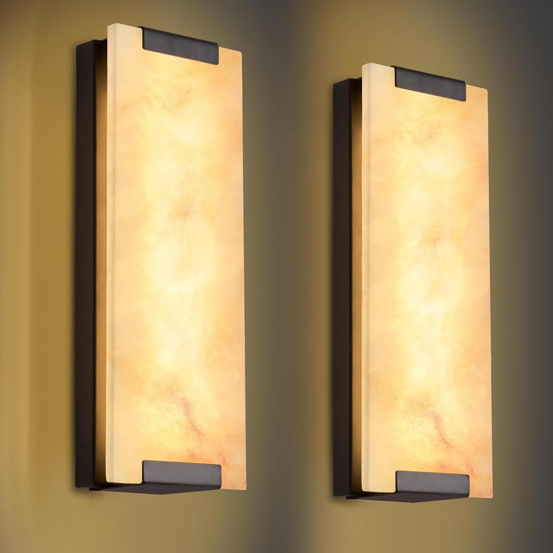 14.2 in Brass Alabaster Wall Sconces, Natural Marble Wall Sconces Set of Two, Indoor Alabaster Sconces for Living Room, LED Modern Alabaster Sconces Wall Lighting for Dining Room,Bedroom ,Stairs (Bronze)
