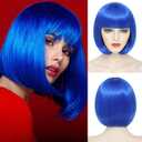 Blue Bob Wig With Bangs Short Blue Wigs For Women Straight Bob Bangs Wig 10 Inch Heat Resistant Synthetic Hair Natural Looking For Daily Party Use
