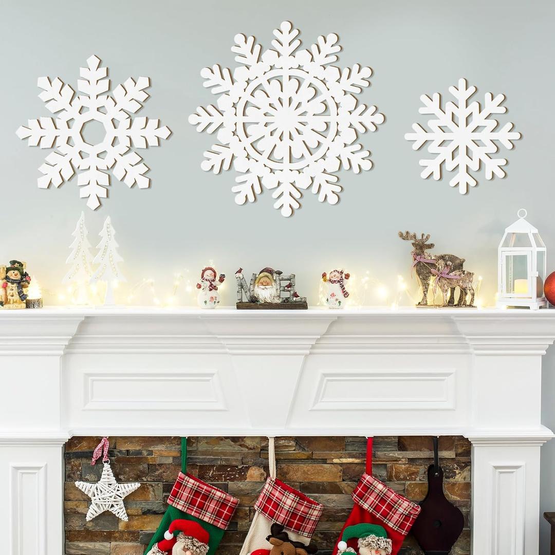 Wooden Large Snowflake Ornaments Sign Christmas Decorations 3Pack, Wood Hollow White Snowflakes Crafts Winter Hanging Plaques Decorations 3 Size of Cutouts New Year Wall Bedroom Living Room Decoration