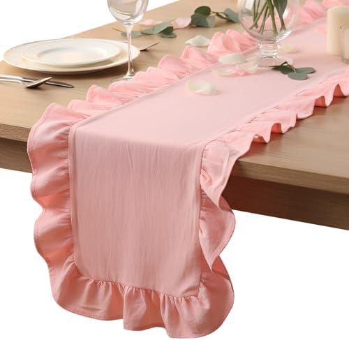 Oudain Pink Ruffle Table Runner Cotton Fabric 118 x 13.8'' Farmhouse Rustic Ruffled Edge Table Runner Wedding Decor for Spring Baby Shower Bridal Shower Party