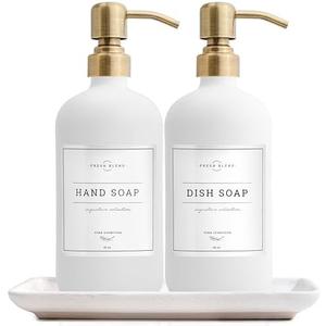 Vine Creations Glass Soap Dispenser, 2 Pack Kitchen Soap Dispenser Set with Ceramic Tray, Stainless Steel Pump, Dish Soap and Hand Soap Dispensers for Bathroom or Kitchen Decor with Waterproof Labels