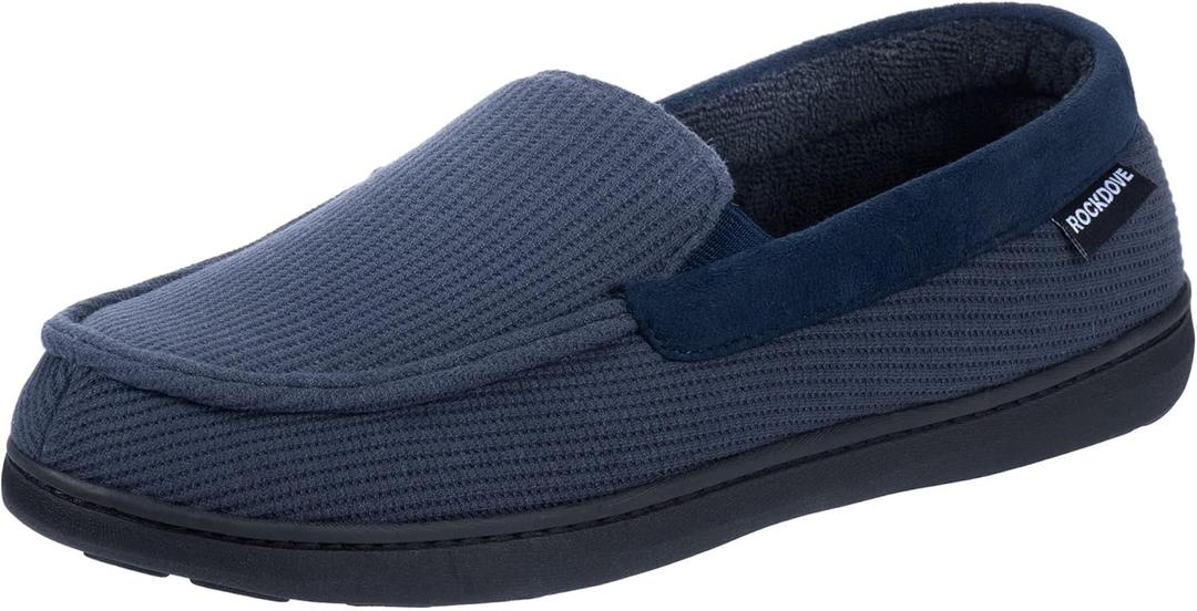 RockDove Men's Waffle Knit Memory Foam Moc Slipper with Removable Insole (13, Navy)