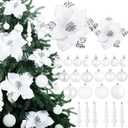Janinka 36 Pack Christmas Poinsettia Flowers Decoration Set Include 12 Pcs Artificial Glitter Poinsettia, 24 Pcs Hanging Christmas Balls and Teardrop Ornaments for Xmas Holiday Decor (White)