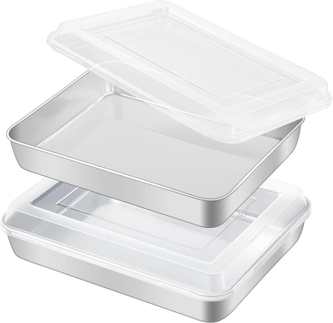 GIUOIDUO Premium Stainless Steel Baking Pan with Lid (2 Pack) Rectangular Cake Pan, Heavy Duty Metal Bakeware for Lasagna, Brownie, Food Storage Container, Dishwasher Safe & Non-Toxic