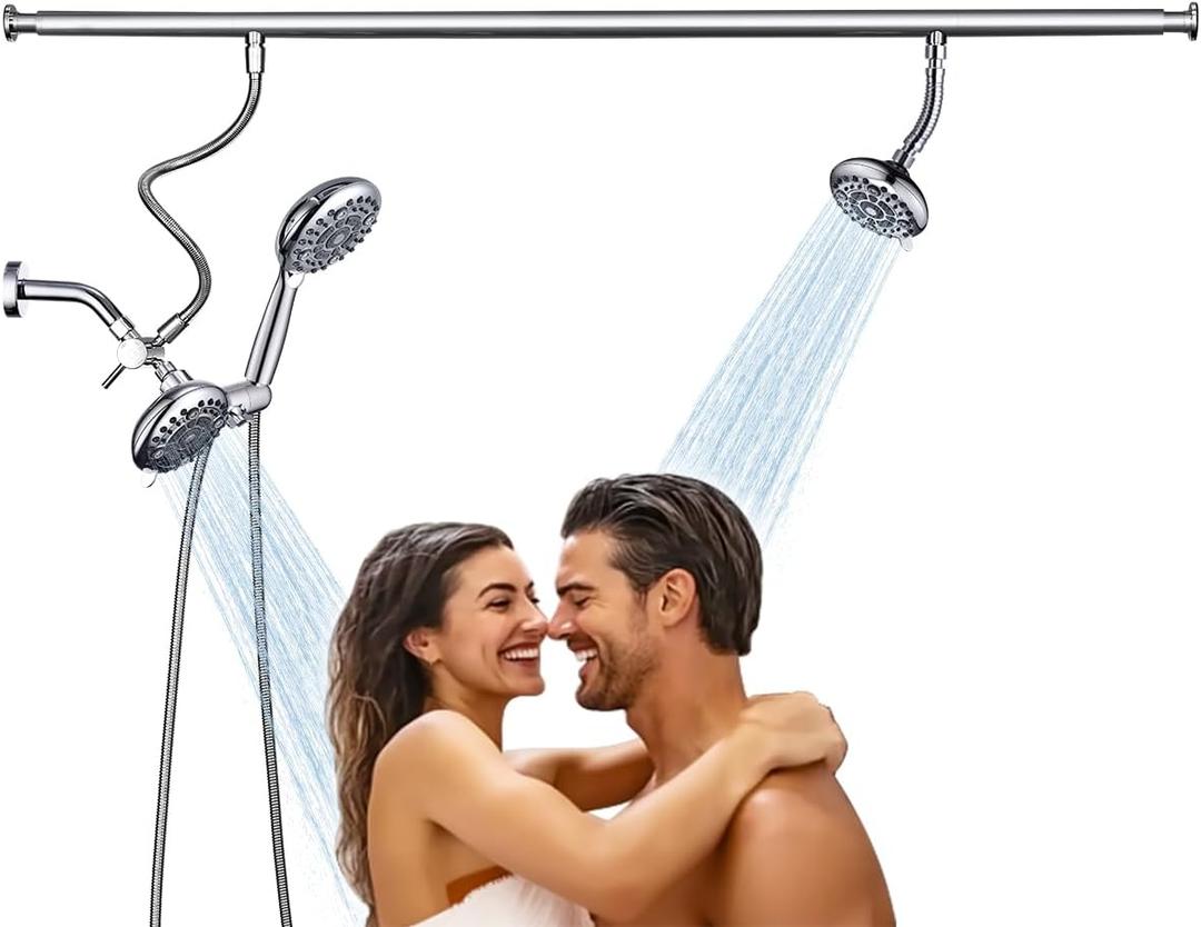 Dual Shower Head for Couples, High Pressure and Adjustable Multimodal Tandem Shower Head System for Two People Rod, 3-Setting Diverter with Holder, 71 Inch Extra Long Hose (Chrome)