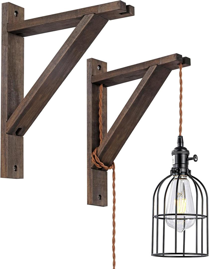 SEEBLEN Rustic Wood Wall Mount Bracket Set of 2 - Natural Triangle Shelf for Hanging Pendant Lights, Planters & DIY Dcor - Adjustable Plug-in Cord Kit Fixture, Farmhouse & Industrial Home Decor