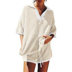 Tankaneo Womens Sweater Set 2 Piece Outfits Oversized 3/4 Sleeve V Neck Knit Tops High Waisted Shorts Lounge Sets, Large