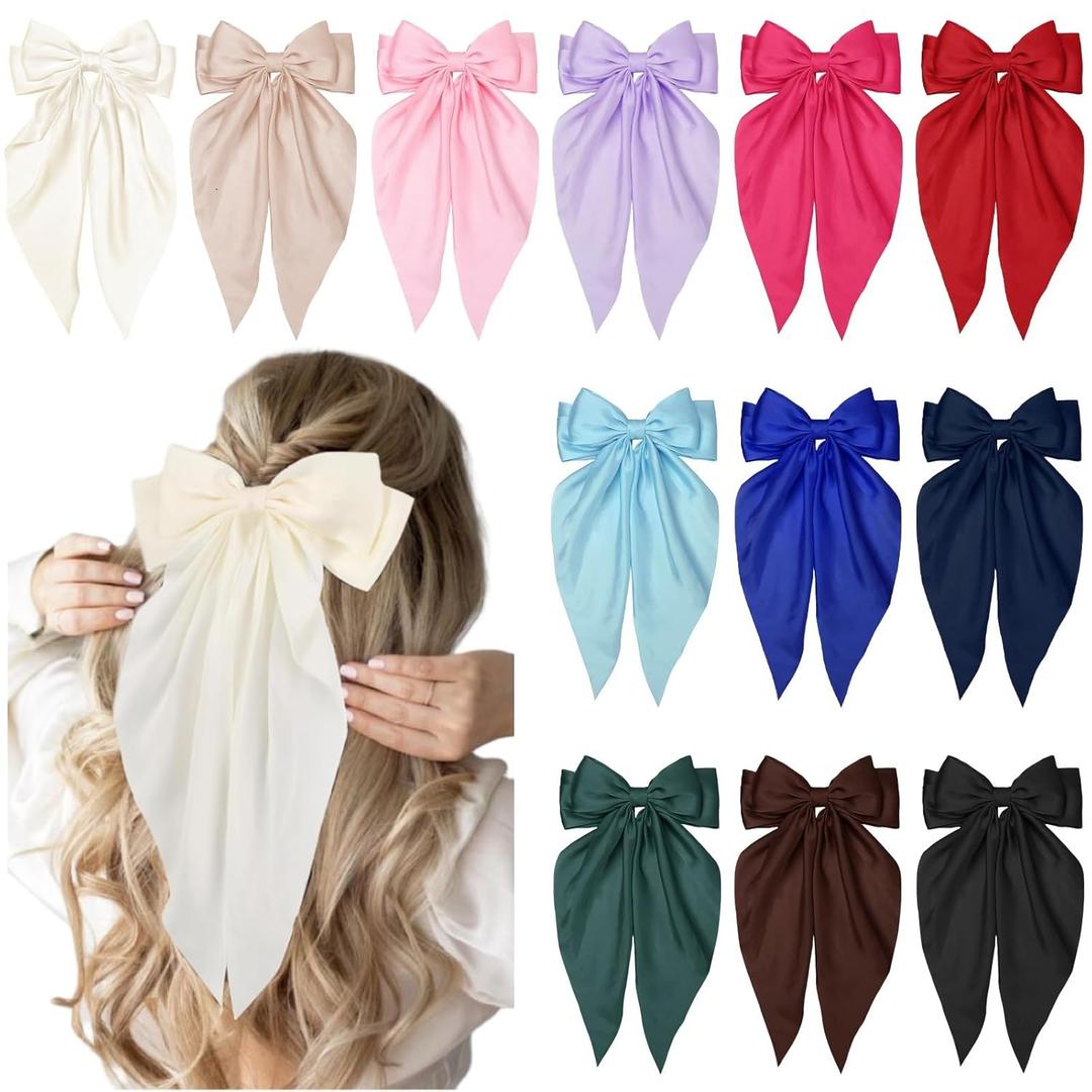 12PCS Hair Bows for Women Big Silky Satin Bow Clips with Long Tails Oversized, Cute Hair Accessories for Women, Aesthetic Large Ribbons Bow
