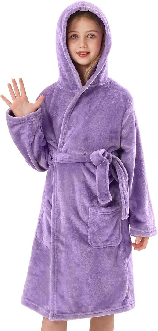 Girls Fleece Robe, Plush Hooded Soft Fuzzy Warm Fluffy Bathrobe for Kids, 110