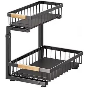 Lumela Under Sink Organizer, 2-Tier Slide-Out Cabinet Organizer Shelf, Height Adjustable Metal Pull-Out Storage Rack with Wood Handle for Kitchen & Bathroom Cabinets (Black)