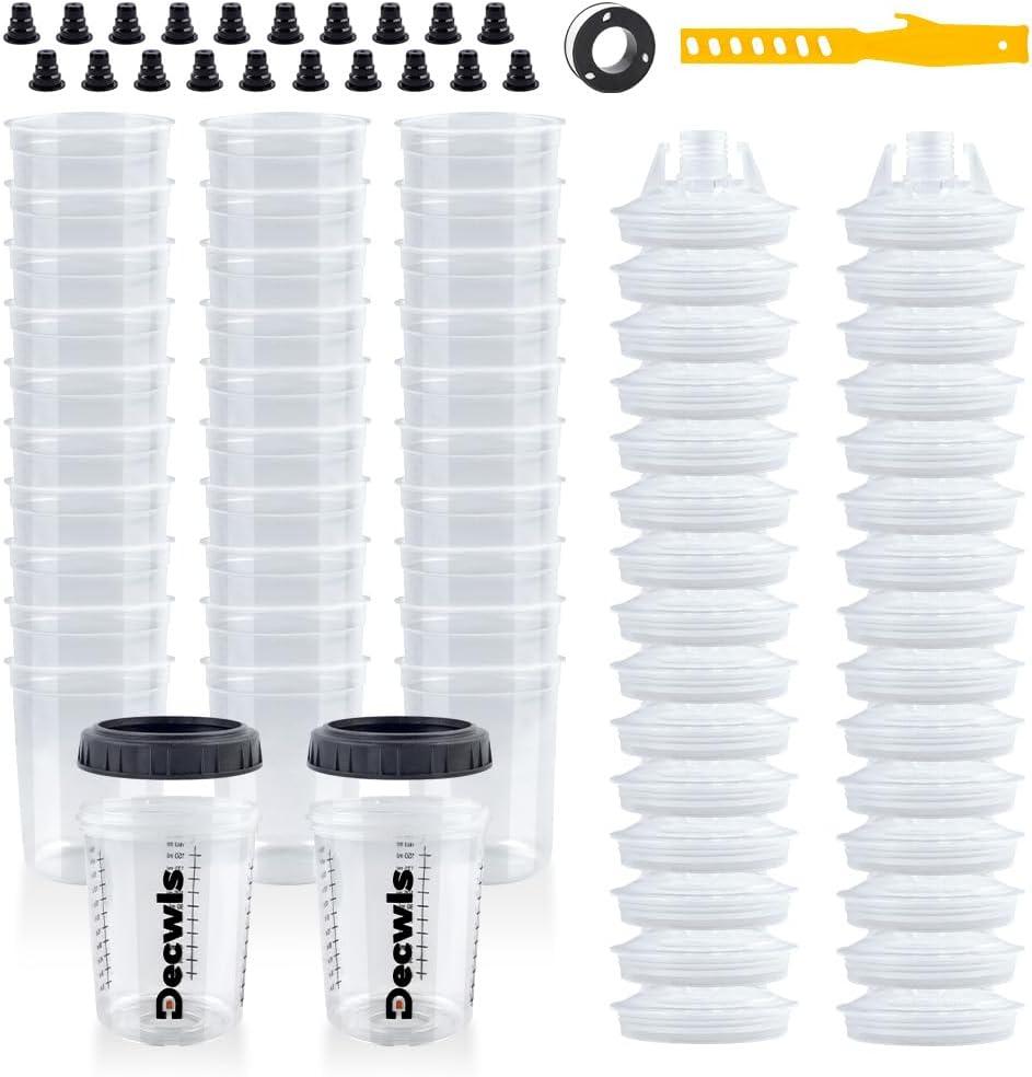Disposable Paint Cups 6 Ounce(165ml), Mini Paint Mixing Cups with Lid and 50 Pack Paint Cup for Automotive Spray, 125-Micron Filter, 2 Hard Cup with Retainer Ring, 20 Plugs, 1 Stirrer, 1 Seal Tape