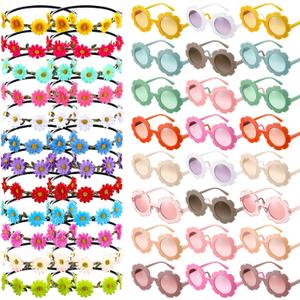 48 Pieces Groovy Retro Flower Sunglasses Headbands Party Favors Includes 24 Multicolor Lady Girl Flower Headbands 24 Round Hippie Sunglasses for Kids Hippie Themed Party Supplies