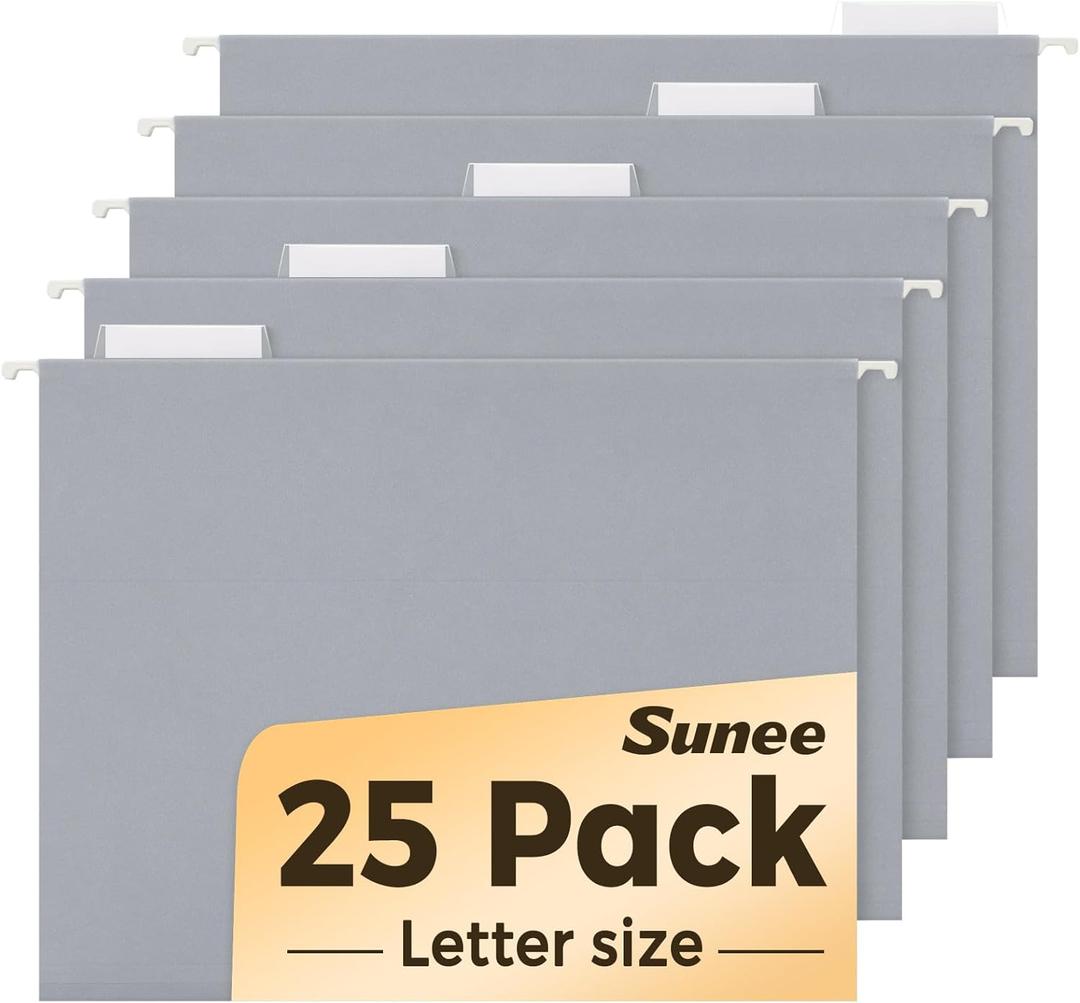 SUNEE 25 Pack Hanging File Folders, Gray Folders, Hanging File Folders Letter Size with 1/5-cut Tabs, Stay Organized for Your Home and Office Bulk File and Documents