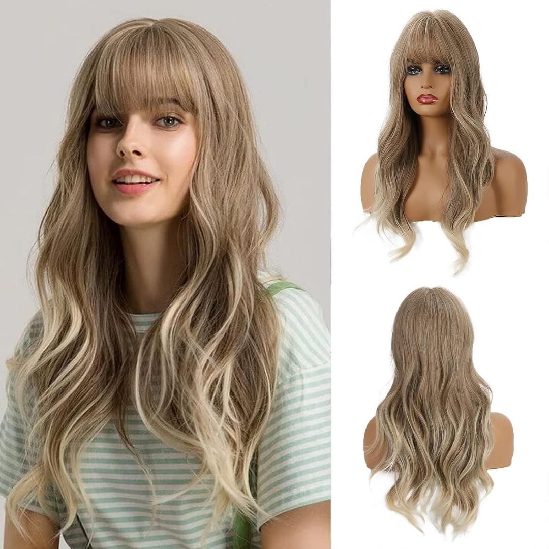 24 Inches Ash Blonde Wigs With Bangs for Women Natural Synthetic Wavy Wigs Heat Resistant Hair Long Wigs for Daily Party Wear (Ashblonde(226-1))
