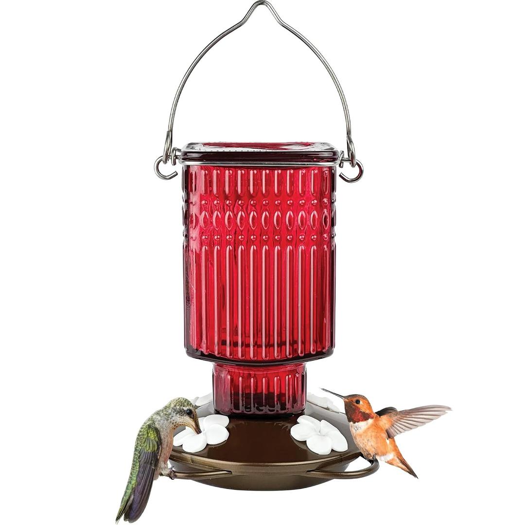 Nature's Way Hanging Glass Hummingbird Feeder for Outdoor Decor, 22 Ounce Capacity Nectar Feeder, 4 Easy to Clean Flexible Ports, Red