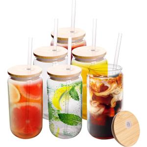 16oz Drinking Clear Cups with Bamboo Lids and Straws, 6pcs