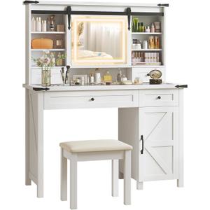 HOMCOM Farmhouse Vanity Desk with Mirror, Rustic Makeup Vanity Table with LED Lights, Cushioned Stool, 42 Inch Glass Tabletop, Drawers & Shelves & Cabinet, Dressing Table Set for Bedroom, White