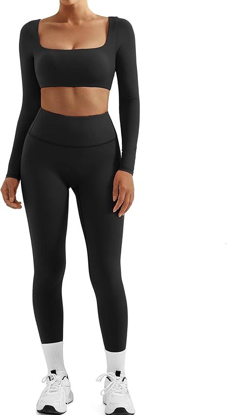 SUUKSESS Women 2 Piece Workout Sets Compression Tummy Control Leggings with Pockets Long Sleeve Square Neck Padded Crop Tops (Small, Black