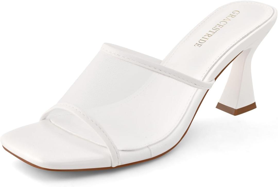 Women's Mule Heels Chunky Kitten Heeled Sandals Mesh Slip On Square Toe Comfortable Casual Dress Pumps Shoes (White), 6.5