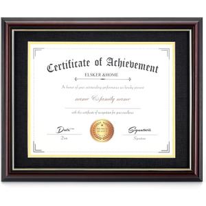 ELSKER&HOME Diploma Frames 11x14 with Mat- Solid Cherry Wood - Display 11x14 Document/Certificate with Mat or 15x18 without Mat - Wall Mount Display (Double Mat, Black Mat with Golden Rim)