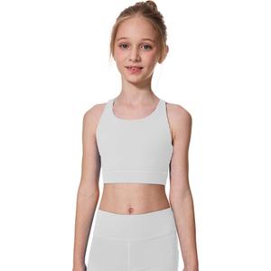AugIris Girls Sports Bra Training Scoop Neck Cross Back Bras for Teens Kids Sports Comfort Girls Bra Tops White, 5-6Y