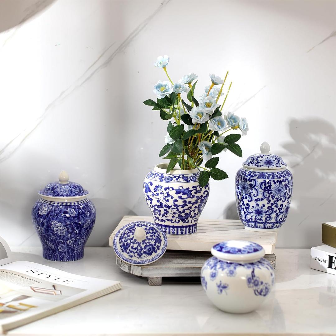 Hushee Small Blue and White Vase Porcelain Vases Blue Chinoiserie Decor Porcelain Ginger Jars for Home Chinoiserie Decor for Bedroom Table Accent Shelf Tabletop, (Classic,4 Pcs)